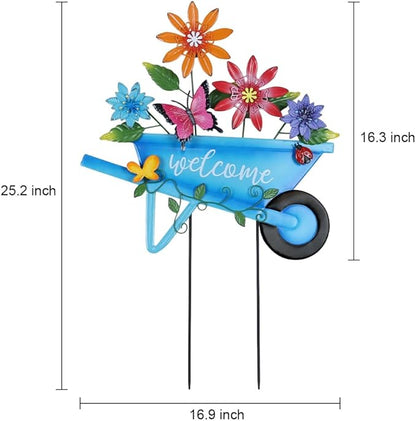 YEAHOME Garden Decor for Outside, 25” Decorative Garden Stakes Metal Wheelbarrow with Flowers for Spring Decor, Butterfly Cart Welcome Yard Signs for Outdoor Lawn Backyard Porch Pathway Decorations