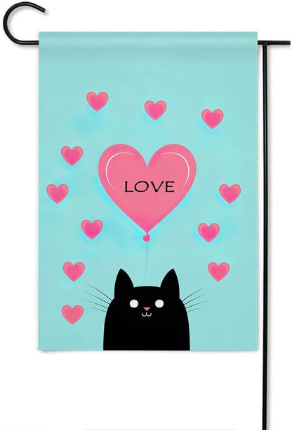 Gkyygk Garden Flag Black Cat Pink Love Heart Double Sided 12x18 Inch Banners Welcome Yard House Outside Outdoor Summer Decoration