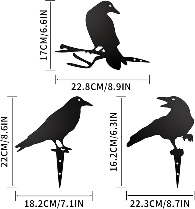 Black Metal Raven Decor ，3PCS Outdoor Raven Yard Fence Decorations ，Metal Birds Craft Ornaments Garden Fence Topper Outdoor Yard Art