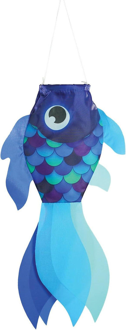 In the Breeze 5218 — 15-inch Cool Damsel Fish Windsock — Colorful Blue Fishsock Hanging Garden Décor with Detailed Printed Graphics