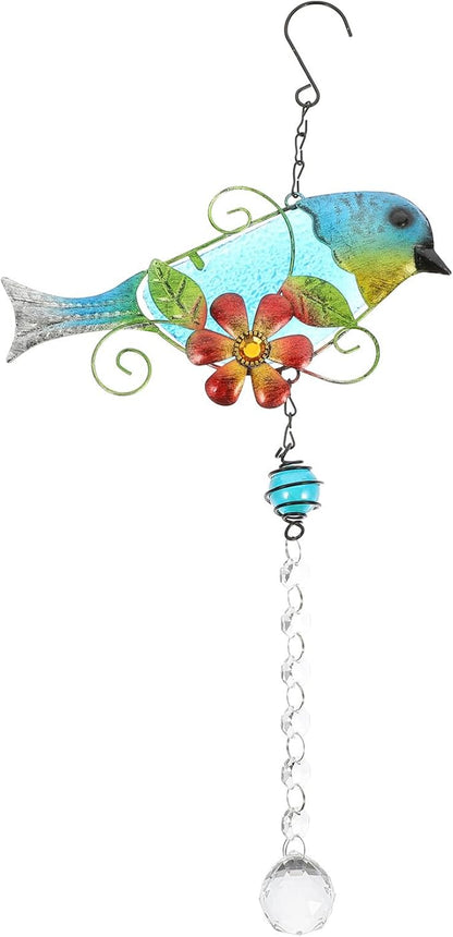 SHINEOFI Painted Songbird Glass and Iron Garden Hanging Ornament Outdoor Decorative Statue for Patio Window Sun Catcher with Crystal Accents Compact Garden Supplies Decor