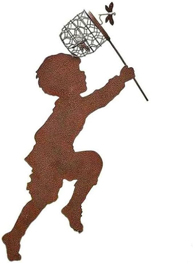 Boy Girl Silhouettes Chasing Butterfly Vintage Metal Garden Silhouette Sculpture, Yard Garden Metal Stake Rustic Decor Gift for Lawn Family Friends