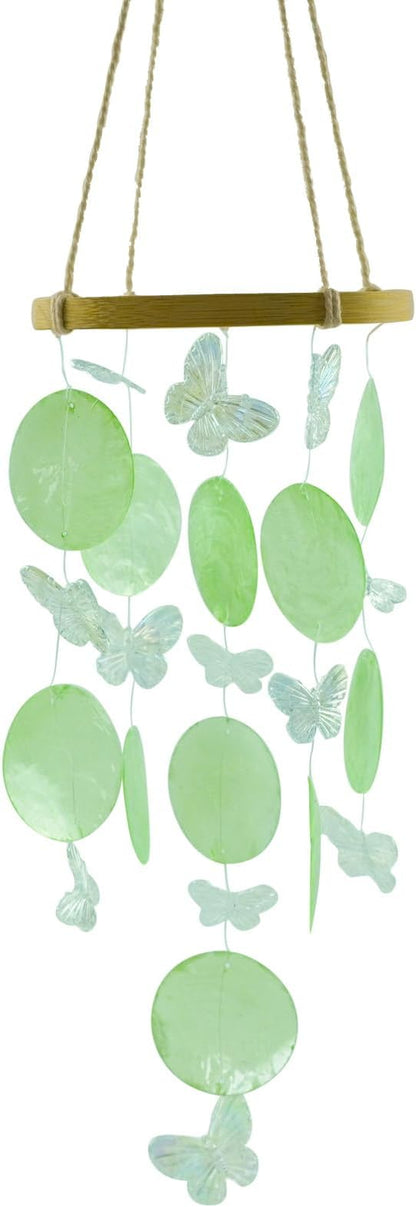 Wind Chimes Outdoor with Round Capiz Shells Butterfly,Beach Theme Party Decorations Memorial Wind Chimes Suitable for Indoor Garden Patio Front Porch Decoration(Green 13inch)