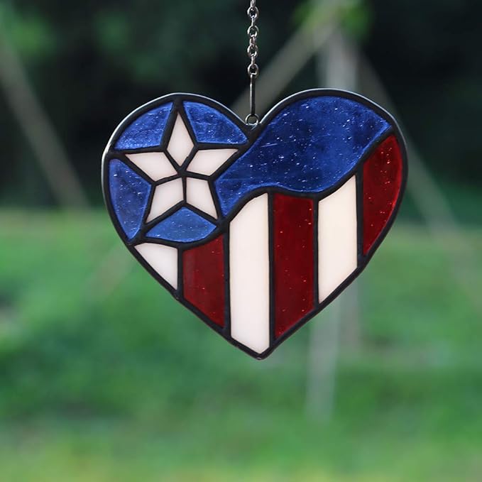 American Flag Heart Ornament, Tiffany Style Stained Glass Window Hanging, Patriotic Decor, Birthday Gift for Veteran, Men Father Grandpa Grandma
