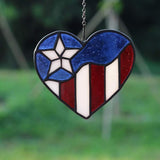 American Flag Heart Ornament, Tiffany Style Stained Glass Window Hanging, Patriotic Decor, Birthday Gift for Veteran, Men Father Grandpa Grandma
