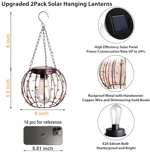 Hanging Solar Lanterns - Waterproof Warm White LED, 2 Pack