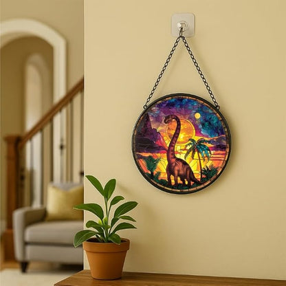 Stained Glass Window Hanging - Brachiosaurus with Sunset Palms Sun Catchers Indoor Stained Glass Panels Wall Decor for Mom Wife Lovers Festive