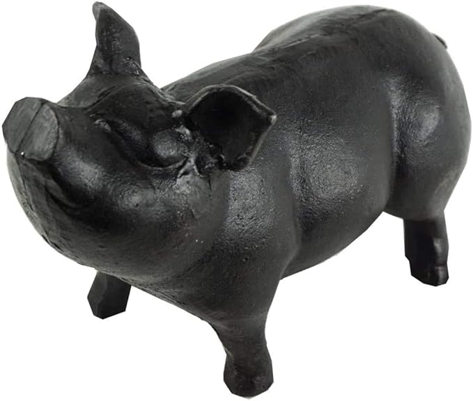 NACH Cast Iron Pig Statue - Black Door Stopper/Paperweight, Rustic Garden Decor, 9.2x3.7x5.9 Inch, Black Head Up Pig