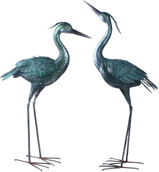 Crane Statue Metal Retro Style Crane Sculpture Garden Decoration Metal Yard Art for Patio Lawn Backyard Outdoor Decoration A Set of 2