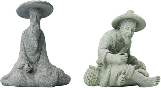 DOITOOL 2Pcs Mini Fisherman Figurines, Chinese Sitting Fishing Garden Statue, Sandstone Bonsai Fisherman Figurines for Micro Landscape Pot Aquarium Fairy Garden Decorations