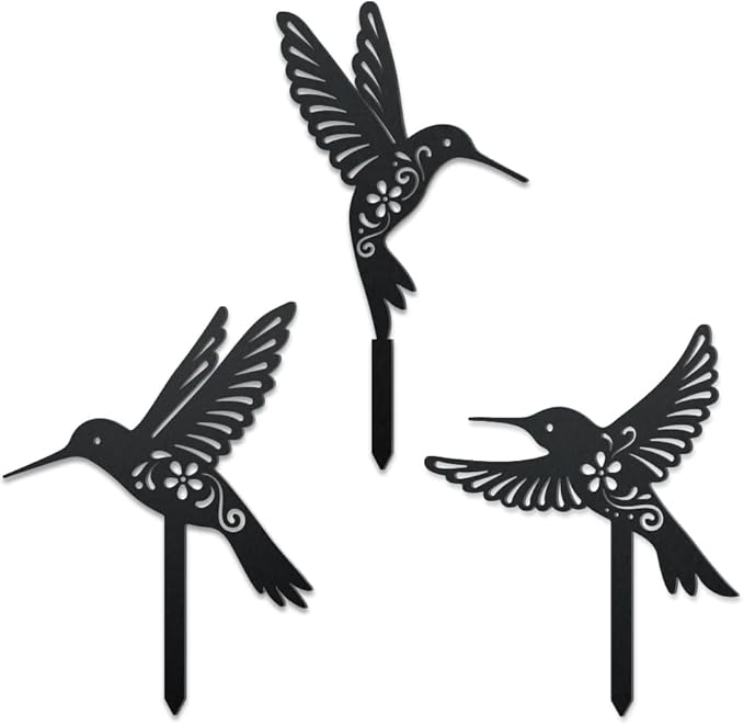 WADORN 3 Styles Hummingbirds Metal Decorative Garden Stakes, Funny Hummingbirds Flowers Metal Silhouette Statues Animal Garden Ornament Gifts Black Yard Art Decoration for Outdoor Backyard Patio Lawn