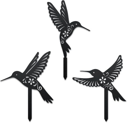 WADORN 3 Styles Hummingbirds Metal Decorative Garden Stakes, Funny Hummingbirds Flowers Metal Silhouette Statues Animal Garden Ornament Gifts Black Yard Art Decoration for Outdoor Backyard Patio Lawn