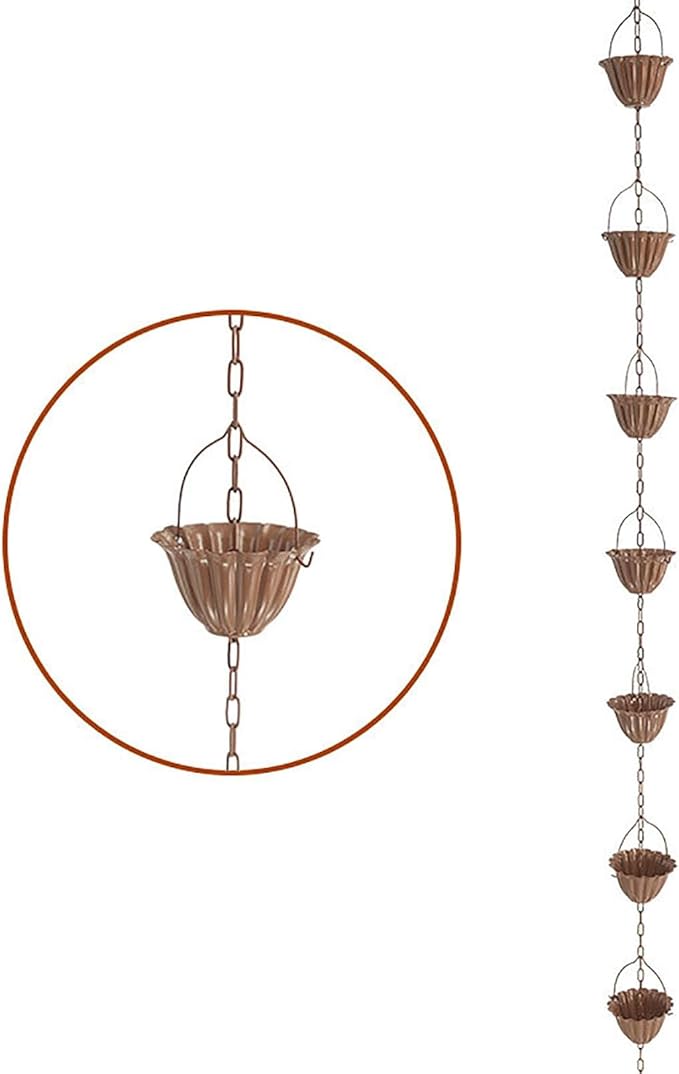 Copper Plated Rain Chain for Outside Downspouts,Adjustable Rain Catcher Chain for Eaves Drainage,Decorative Metal Hanging Flower Spiral Rain Bells(D)