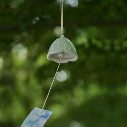 Ceramic Cherry Blossom Small Japanese Wind Chimes Outdoor, Handmade Pendants Wind Bells/Ceramic Wind Chimes for Outside with Soothing Melodic Tones for Garden Patio Balcony Home Décor (Green)