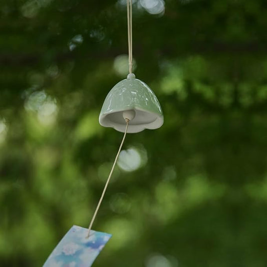 Ceramic Cherry Blossom Small Japanese Wind Chimes Outdoor, Handmade Pendants Wind Bells/Ceramic Wind Chimes for Outside with Soothing Melodic Tones for Garden Patio Balcony Home Décor (Green)
