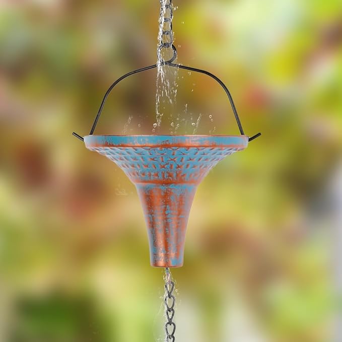10 Ft Rain Chains for Gutters, Metal Rain Catcher Chain for Eaves Drainage, Rain Gutter Chains with 10 Blue Funnel Cups, Adjustable Rain Chain for Outdoor Decor