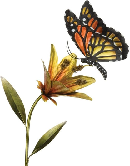 Regal Art & Gift Butterfly Flower Metal Garden Stake - Decorative Handcrafted Outdoor Metal Sculpture for Lawn, Patio & Garden Décor - Orange