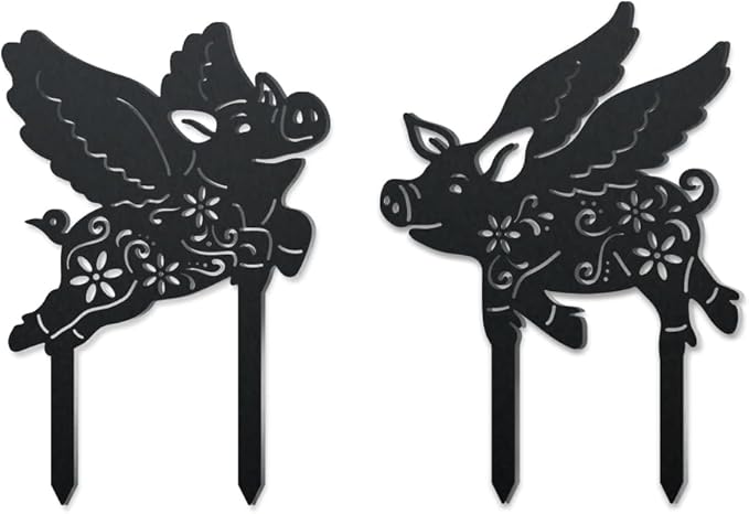 WADORN 2 Styles Flying Pig Metal Decorative Garden Stakes, Funny Pig Flowers Metal Silhouette Statues Animal Garden Ornament Gifts Black Yard Art Decoration for Outdoor Backyard Patio Lawn Walkways