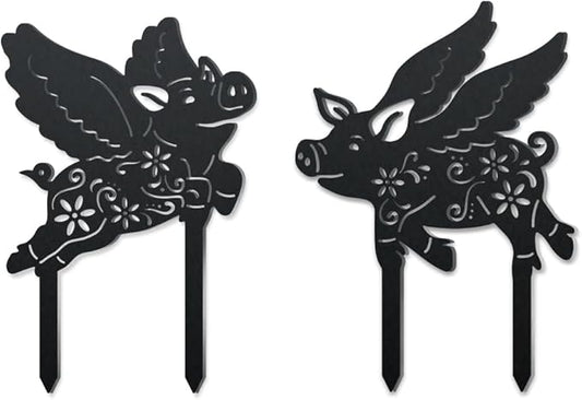 WADORN 2 Styles Flying Pig Metal Decorative Garden Stakes, Funny Pig Flowers Metal Silhouette Statues Animal Garden Ornament Gifts Black Yard Art Decoration for Outdoor Backyard Patio Lawn Walkways