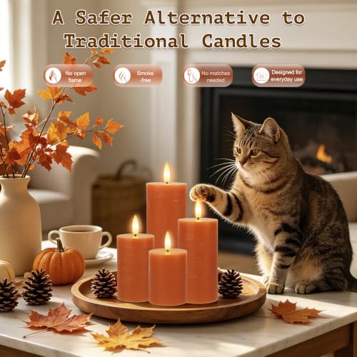 Orange Flameless Pillar Candles - Remote Control, Fall Decor