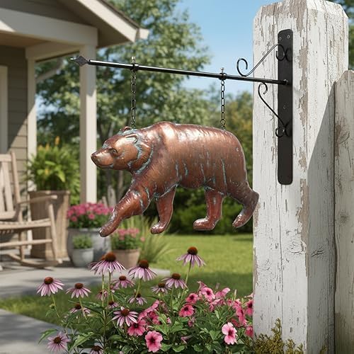 Bear Statue Outdoor Haning Decor for Yard and Garden,27“L x 22”H Vintage Grizzly Garden Statues and Sculptures with Arrow & Bracket,Antique Copper Walking Bear Metal Yard Art for Outside Porch