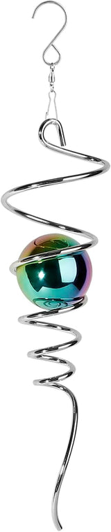 Gazing Ball Spiral Tail Wind Spinner, 13 Inch Stainless Steel with Hanging Swivel Hook, Colorful Metal Orb Creates Captivating Visual Illusion Spinning, Indoor Outdoor Decor for Garden Yard Patio Gift