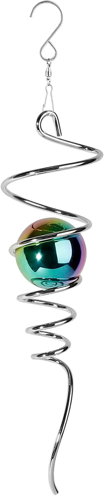Gazing Ball Spiral Tail Wind Spinner, 13 Inch Stainless Steel with Hanging Swivel Hook, Colorful Metal Orb Creates Captivating Visual Illusion Spinning, Indoor Outdoor Decor for Garden Yard Patio Gift