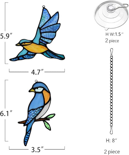 BOXCASA Blue Birds Decor Stained Glass Suncathers for Window,Stained Glass Bird Window Hanging,Birds Gifts for Bird Lovers,Birthday Gift for Women Mom Grandma