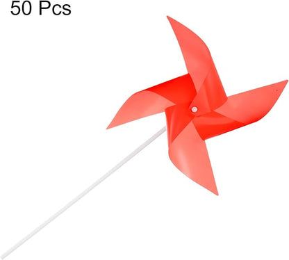 HARFINGTON 50pcs Windmills for The Yard Garden 15.7" x 9.1" 4 Leaves Pinwheels Wind Mills Spinners Windproof Waterproof Bird Devices with Stakes for Patio Decor, Red