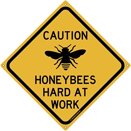 Metal Tin Sign Caution Honeybees Hard at Work Road Indoor Outdoor Beekeeping Apiary Theme Shed Garden Sign for Home Office Indoor Outdoor Wall Decor Yard Sign 12" x 12" (2 Pack)