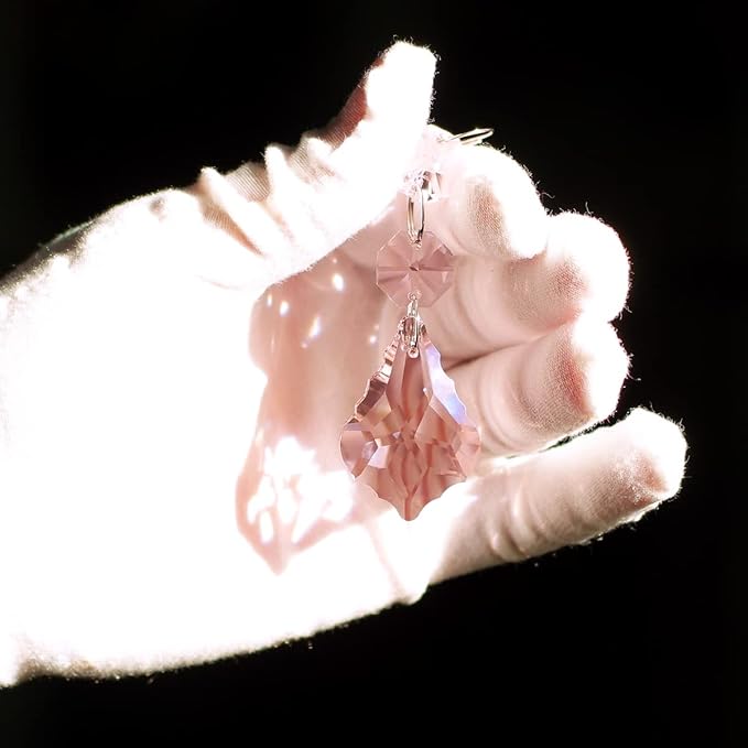 20pcs Maple Leaf Crystal Chandelier Prism Replacement Pendant Connected Glass Octagon Beads Chain for Chandelier Christmas Decoration 38mm (Pink)
