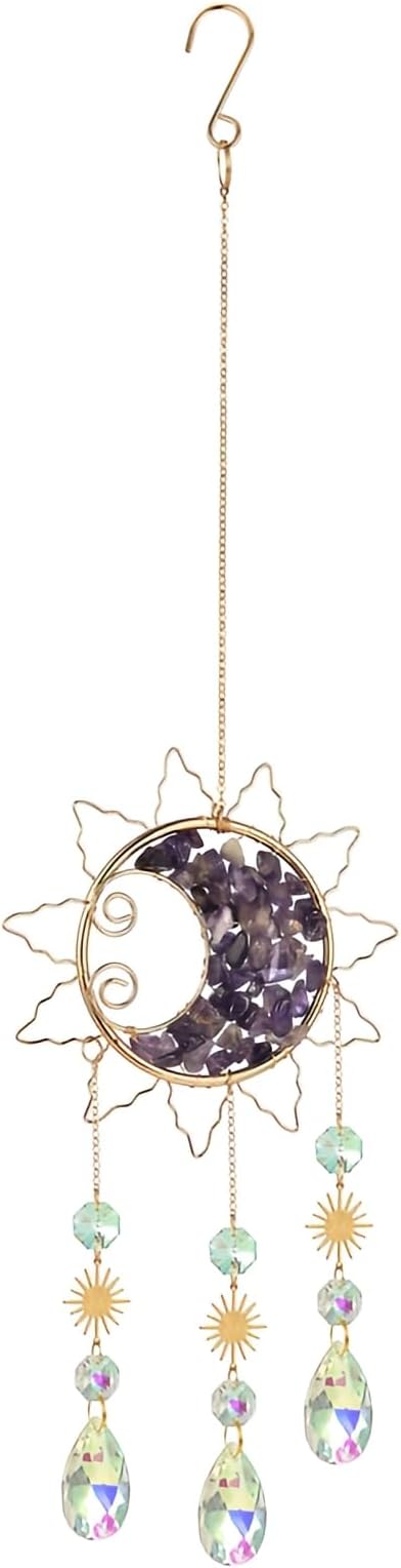 Sun & Crescent Crystal Suncatcher, Crystal Hanging Prism, Rainbow Makers, Housewarming Gift, Garden Decoration, Window Ornament (Purple)