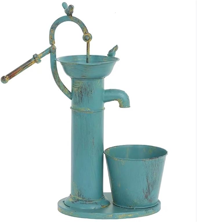 Vintage Garden Water Pump Decor, Rustic Wrought Iron Bird Bath, Red, Blue, White, Rust, Outdoor Yard Decor, Height 22 Inches (Blue)