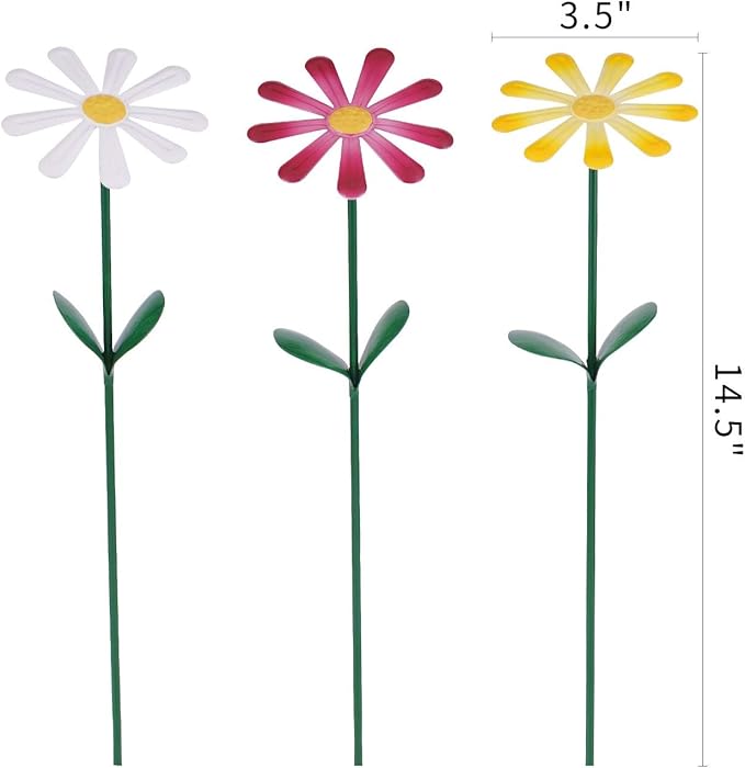 Flower Garden Stake Decor, Outdoor Plant Pick Water Proof Metal Sunflower Daisy Stick for Lawn Yard Patio, Pathway Ornament, Set of 3
