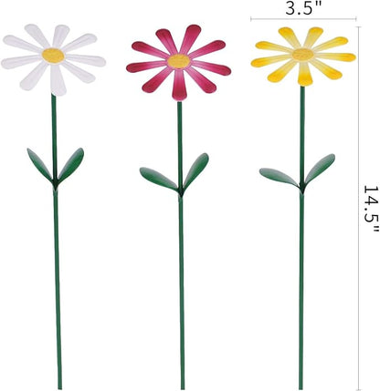 Flower Garden Stake Decor, Outdoor Plant Pick Water Proof Metal Sunflower Daisy Stick for Lawn Yard Patio, Pathway Ornament, Set of 3