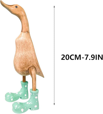 Wooden Crafted Duck Figurine with Spotty Wellies Funny Standing Duck Statues Decorative Resin Rain Boot Animal Sculpture Collectible Crafts Waterproof Garden Lawn Ornament (Green, 7.9Inch)
