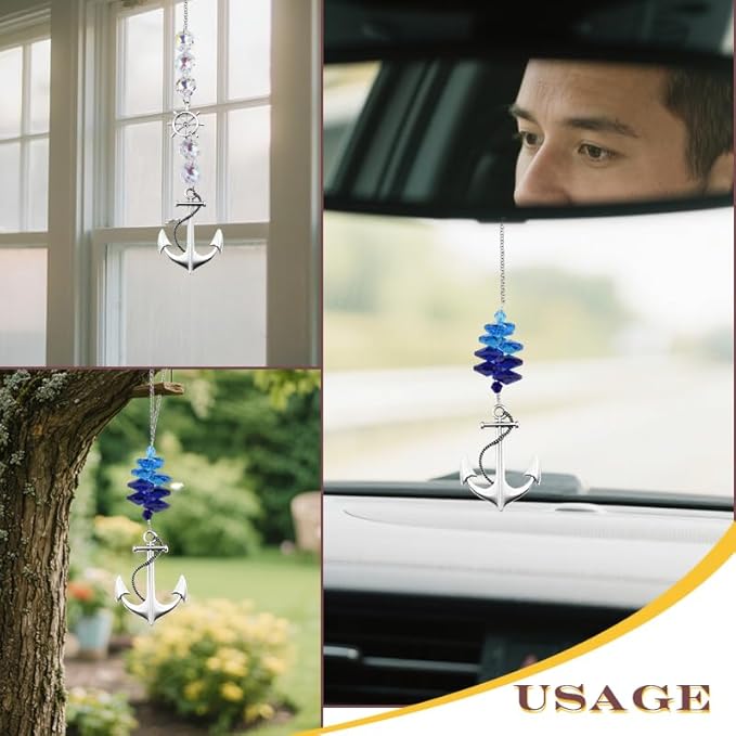 Nautical Crystal Suncatchers Set Window Hanging Glass Ship Wheel Hanging Ornaments for Home Boat Decor Sailor Nautical Gifts Sailing Sun Catcher Home Garden Decoration