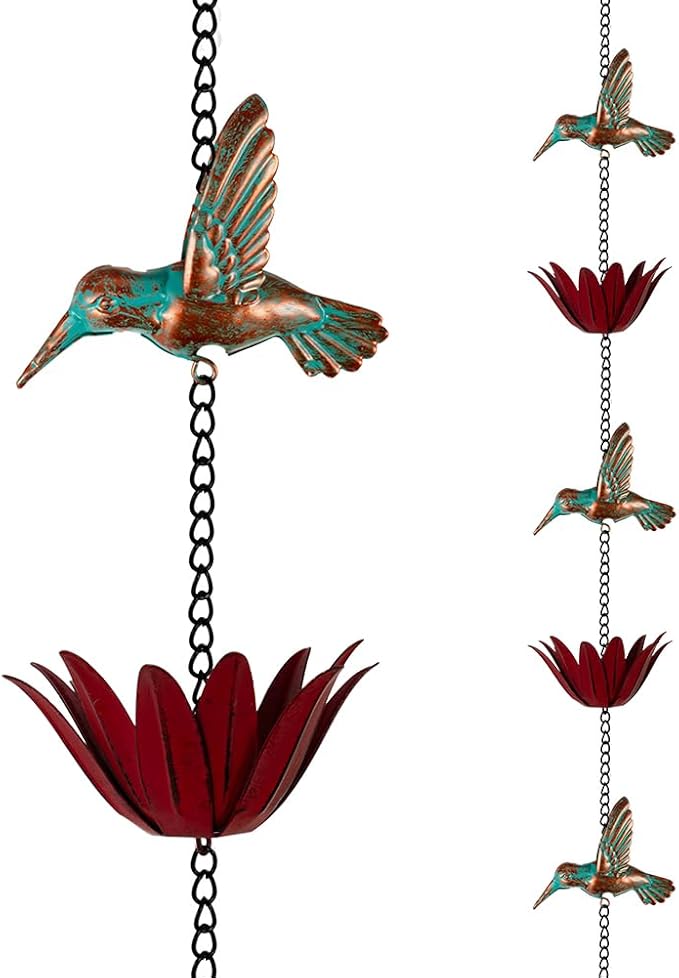 Rain Chain for Outside, 12Ft Rain Gutter Chains with 8 Lotus Cups & Hummingbirds Decor, Adjustable Rain Catcher Chain for Eaves Drainage, Replacement for Downspout