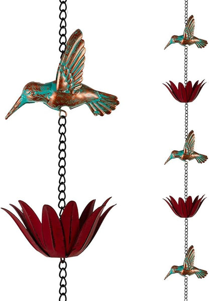 Rain Chain for Outside, 12Ft Rain Gutter Chains with 8 Lotus Cups & Hummingbirds Decor, Adjustable Rain Catcher Chain for Eaves Drainage, Replacement for Downspout
