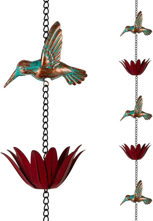 Rain Chain for Outside, 12Ft Rain Gutter Chains with 8 Lotus Cups & Hummingbirds Decor, Adjustable Rain Catcher Chain for Eaves Drainage, Replacement for Downspout