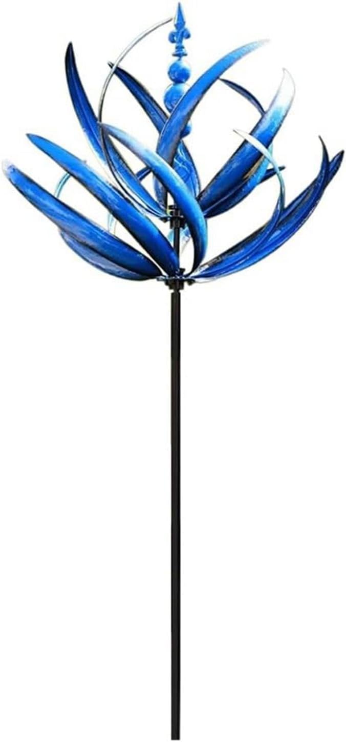 360° Outdoor Wind Spinner, Garden Pinwheels Metal Wind Sculpture Spinner with Gardens Stake, Rotating Windmill Yard Art Decor for Patio, Lawn & Garden (Blue)