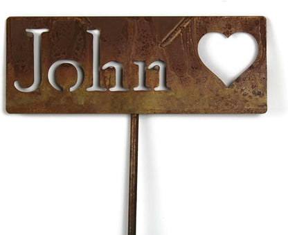 Classic Metal Garden Markers Clearance Items 20 to 33 Inches Tall (John + heart, Naturally Rusted)