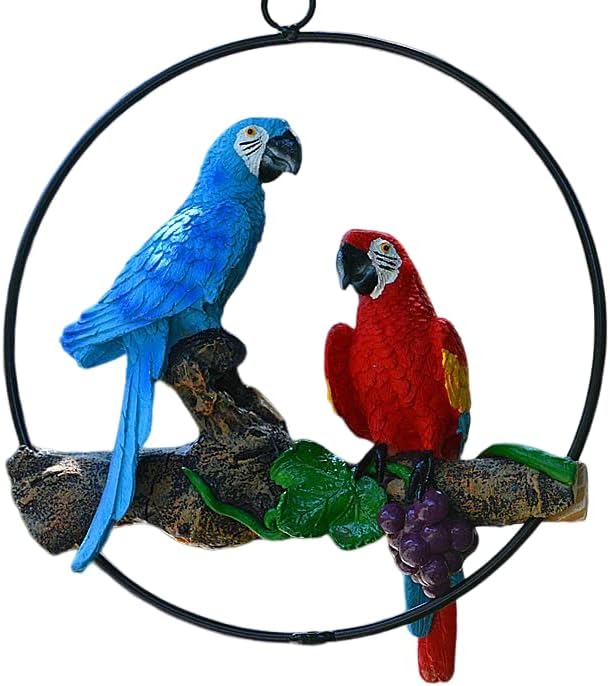 Mini Garden Statues Hanging Iron Ring Parrots, Resin Parrot Hanging Statue, Hanging Birds Figurine for Pathways Yard Patio Office Home Indoor Outdoor Tree Decorations (C-1)