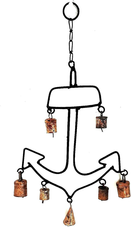 Nautical Anchor Wind Chime with 7 Rustic Copper Cow Bells, Black Metal Frame, Vintage Maritime Outdoor Decor, 17" x 10"