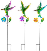 3 Pcs Hummingbird Decorative Garden Stakes with Metal Flower Set Spring Outdoor Decor,Metal Yard Art Stakes for Outside Garden Porch Lawn Plant Pot Flower Bed