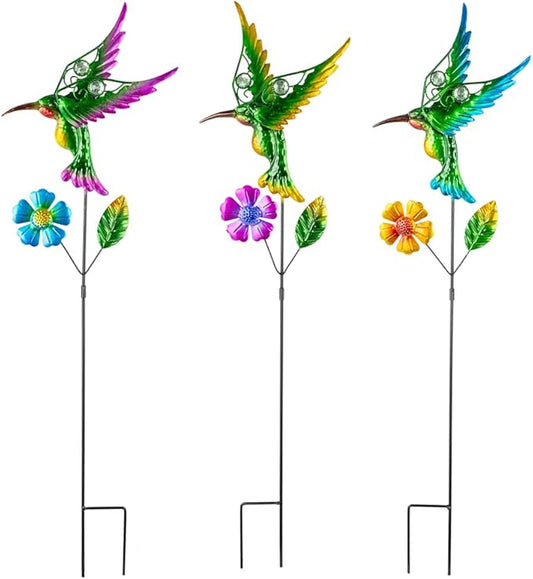 3 Pcs Hummingbird Decorative Garden Stakes with Metal Flower Set Spring Outdoor Decor,Metal Yard Art Stakes for Outside Garden Porch Lawn Plant Pot Flower Bed