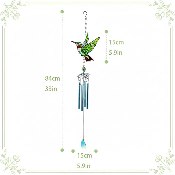 Wind Chimes for Outside, Green Stained Glass Hummingbird Wind Chime, Deep Tone Memorial Gifts for Women Mom Grandma, Durable Metal Garden Patio Yard Window Decoration
