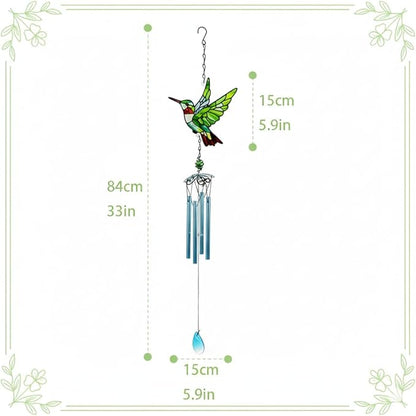 Wind Chimes for Outside, Green Stained Glass Hummingbird Wind Chime, Deep Tone Memorial Gifts for Women Mom Grandma, Durable Metal Garden Patio Yard Window Decoration