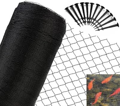 JUNFLYING 10x10 Ft Pond Netting for Leaves, 1/2 in Fine Mesh, Strong Woven Koi Fish Net Cover, Against Birds, Cats & Predators, Stakes Included