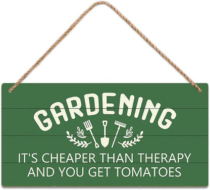 Garden Sign Decor, Gardening It'S Cheaper Than Therapy And You Get Tomatoes, Funny Outdoor Decorative For Garden Backyard Patio Farmhouse, Potting Shed Personalized Wooden Hanging Plaque 5"X 10"